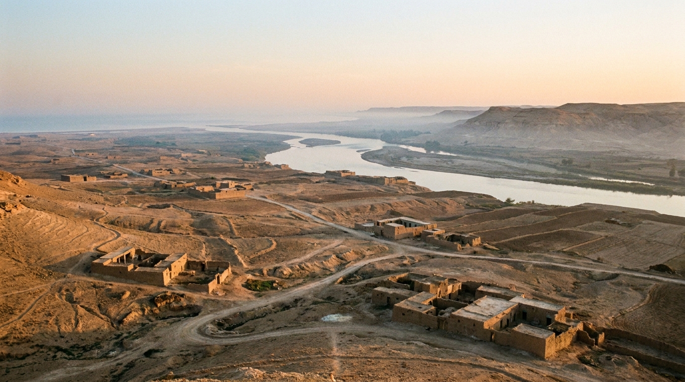A wide dawn view over an ancient river valley, faint footpaths and small mudbrick settlements spreading outward toward distant hills and coastline, no people, no faces, no text