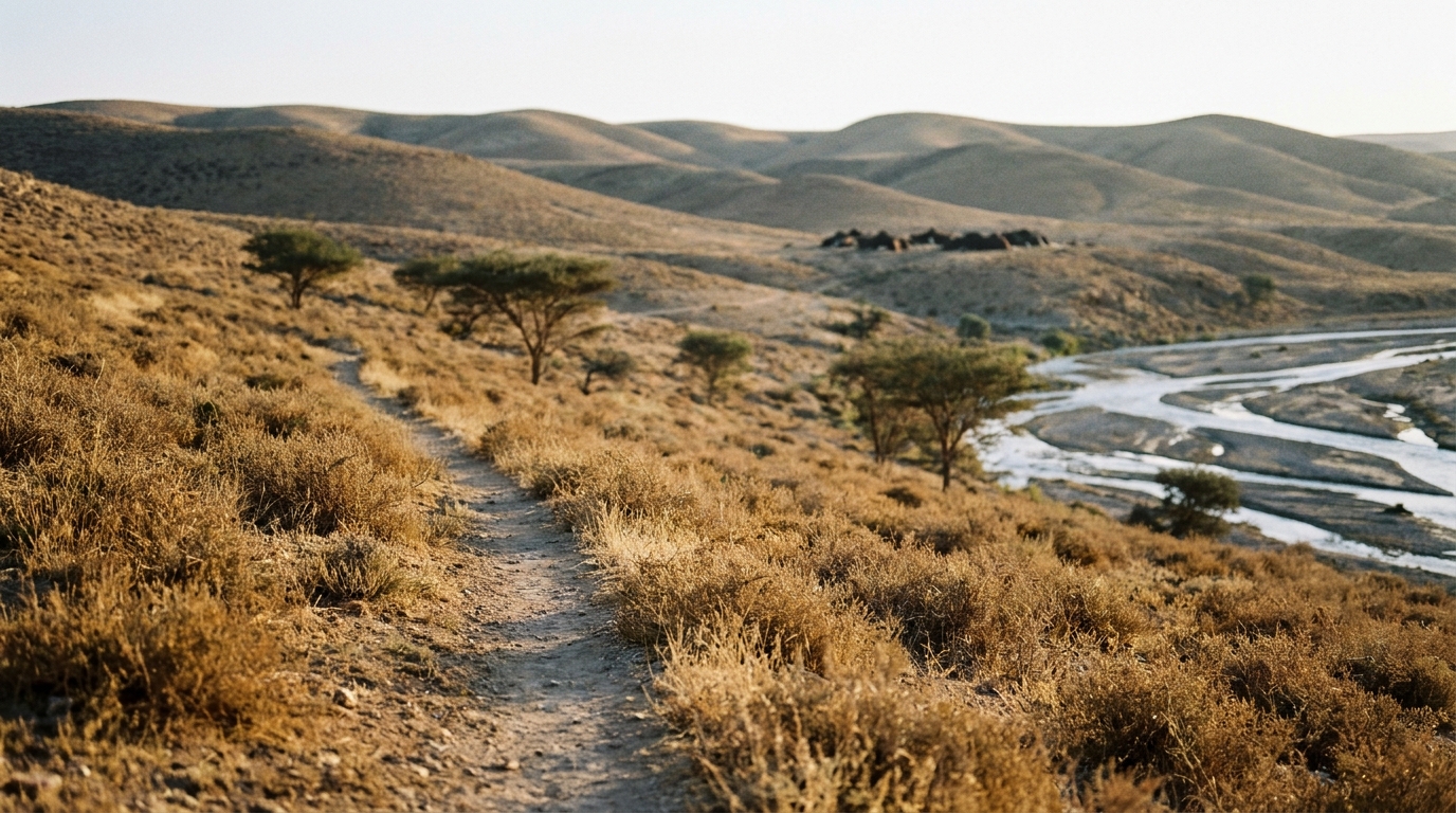 A narrow footpath winding away from a broad river delta up into quiet eastern hill country at first light, one small cluster of tents in the distance, no people, no faces, no text