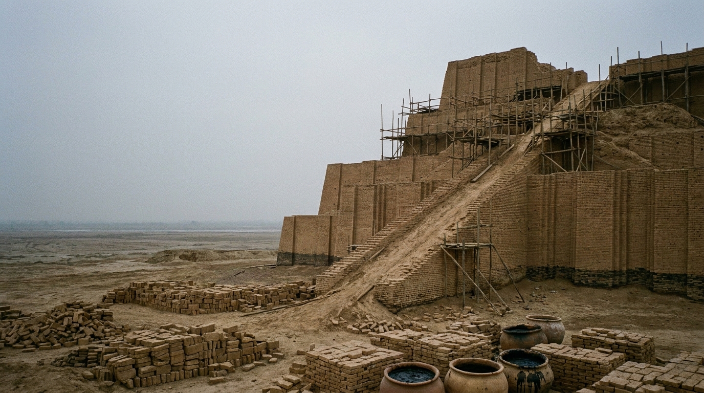 A vast half-built ziggurat of mud brick rising off a flat plain under a heavy sky, scaffolding and ramps abandoned mid-construction, no people, no faces, no text