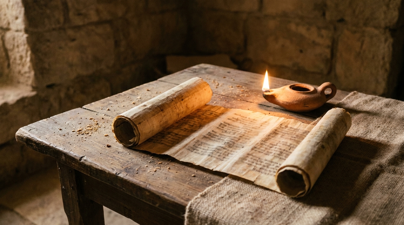 An open ancient scroll on a plain wooden table listing rows of names in faded ink, warm low lamplight, no people, no faces, no text legible