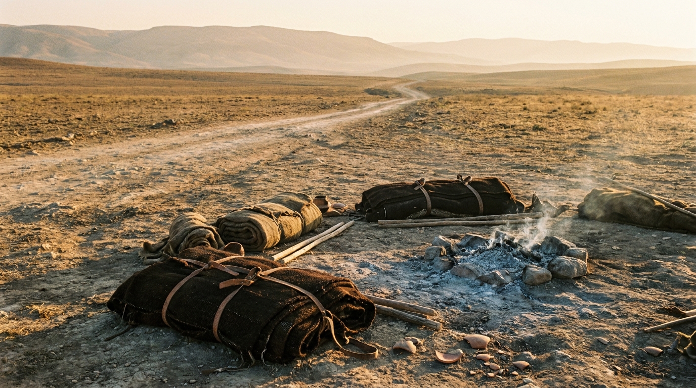 A weathered desert road at first light leading toward distant hills, an abandoned campsite with folded tents and a cold fire in the foreground, warm low sun, no people, no faces