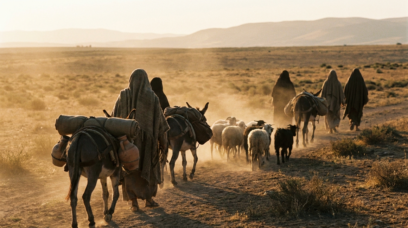 A small caravan of tents, laden donkeys and sheep setting out at first light across a wide open plain toward distant hazy hills, dust rising, warm golden dawn light, seen from far behind, no visible faces, no text