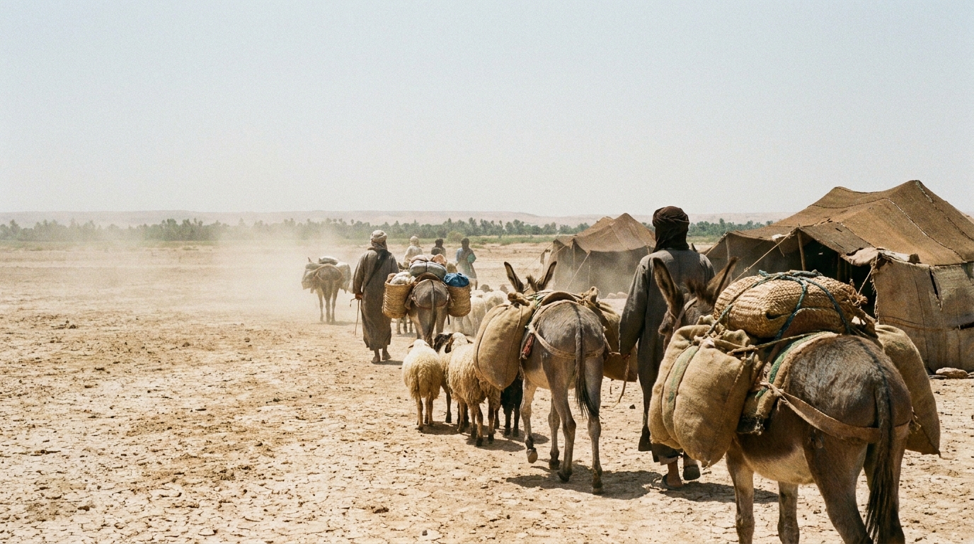 A wide, sun-baked plain cracked and dry in the heat haze, a thin line of tents and laden donkeys moving away toward a distant green river valley on the far horizon, dust rising, harsh midday light, seen from far behind, no visible faces, no text