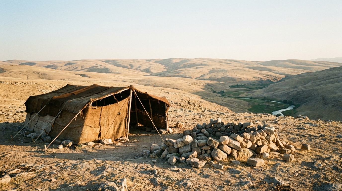 A wide dry Bronze Age highland at golden evening light seen from a bare ridge, pale hill country rolling away to the north and south under a vast clear sky, a single small goat-hair tent and a low pile of uncut altar stones on the near ground, a green river valley just visible far below to the east, warm raking light, no people, no faces, no text