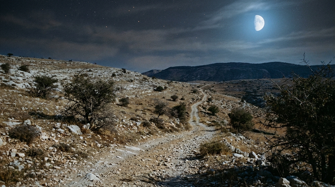 A dry Bronze Age hill road at night under a bright half moon, pale limestone country rolling north toward distant dark hills, a narrow track winding down from high ground, cool blue moonlight on the stony ground with warm low starlight above, a few scattered thornbushes, no people, no faces, no text