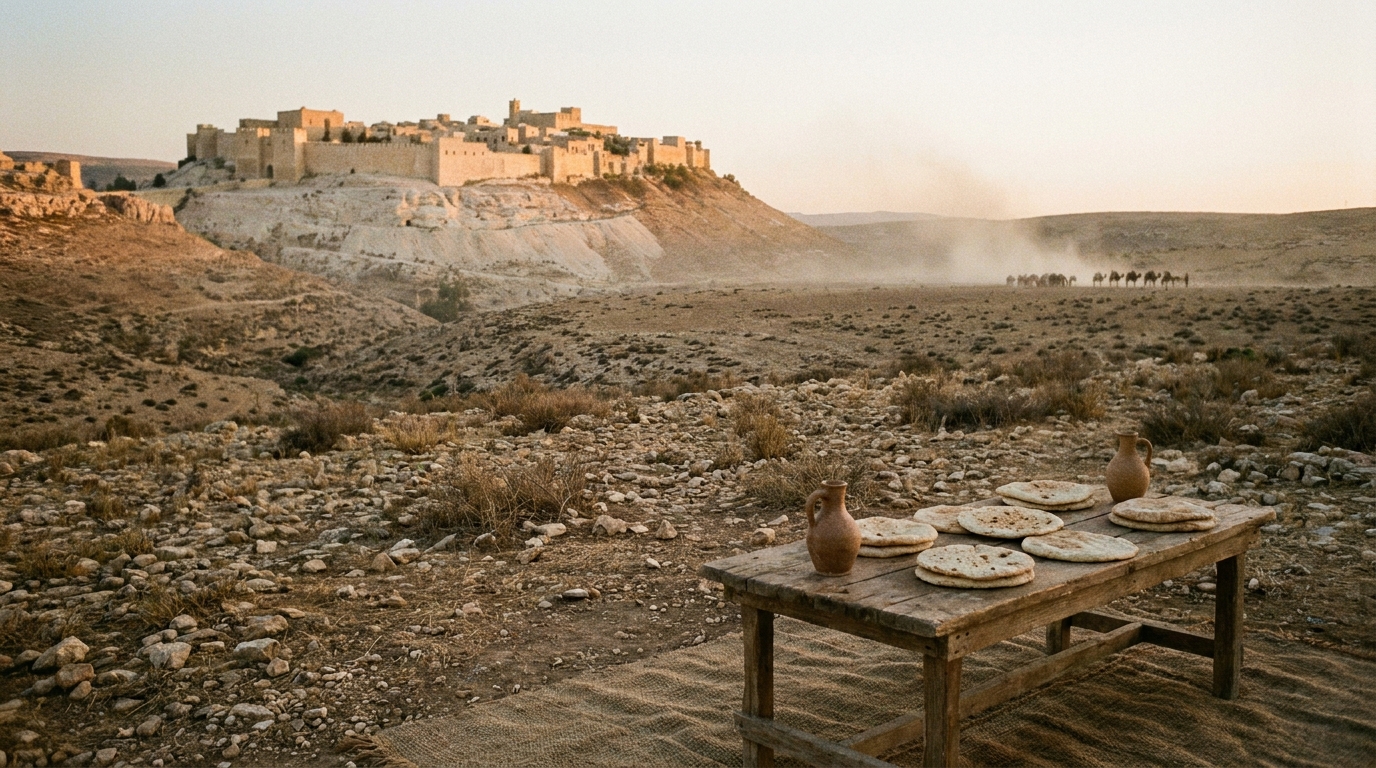 A wide dry valley at golden hour below an ancient walled hill town of pale limestone, a low wooden table on a woven cloth set with round flatbread loaves and two clay wine jars, faint dust of a returning caravan far off across the plain, warm amber evening light on stony ground, no people, no faces, no text