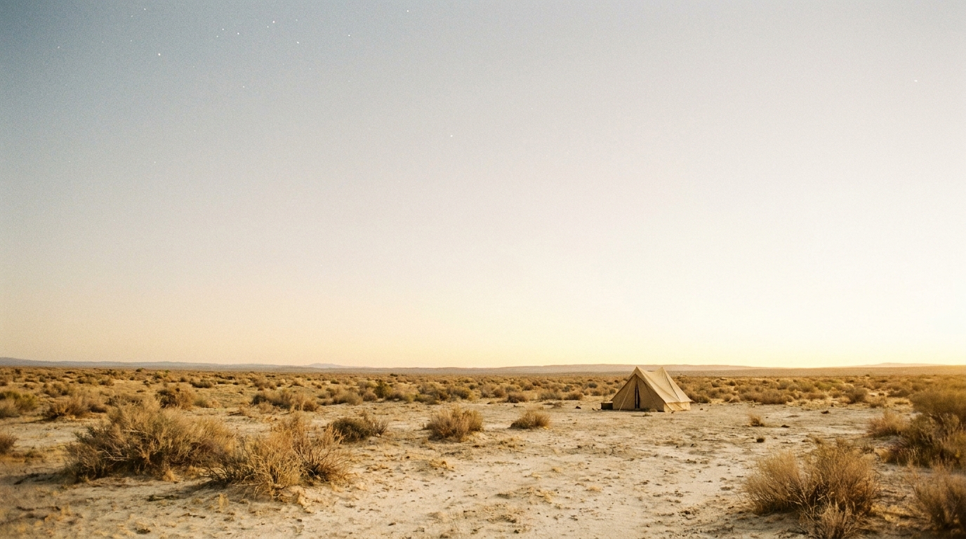 A wide desert plain at first light under an immense pale dawn sky, the last faint stars fading high above as warm golden sunrise floods the horizon, a single small tent low on the open ground, bright airy light across pale sand and scrub, no people, no faces, no text