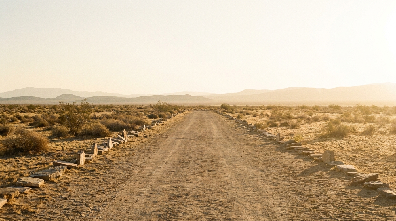 A wide sunlit desert plain at first light, a long straight lane of bare pale earth running between two low rows of weathered stones under a vast bright dawn sky, warm light across pale sand and scrub toward distant hills, no people, no faces, no text