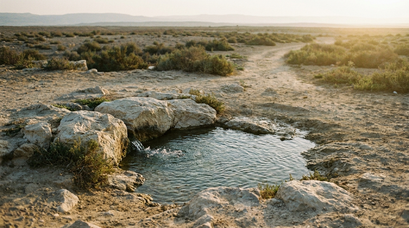 A quiet desert spring at first light, still water pooling in pale rock among low scrub on a wide dry plain, soft warm sunrise across the sand toward distant hills, no people, no faces, no text