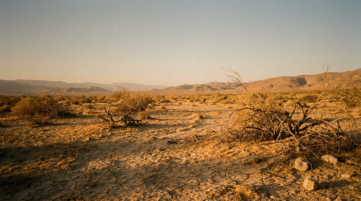 Cracked dry desert ground at dawn stretching to distant hills under a vast pale sky scattered with countless faint stars fading into the light, warm low sun across the sand, no people, no faces, no text