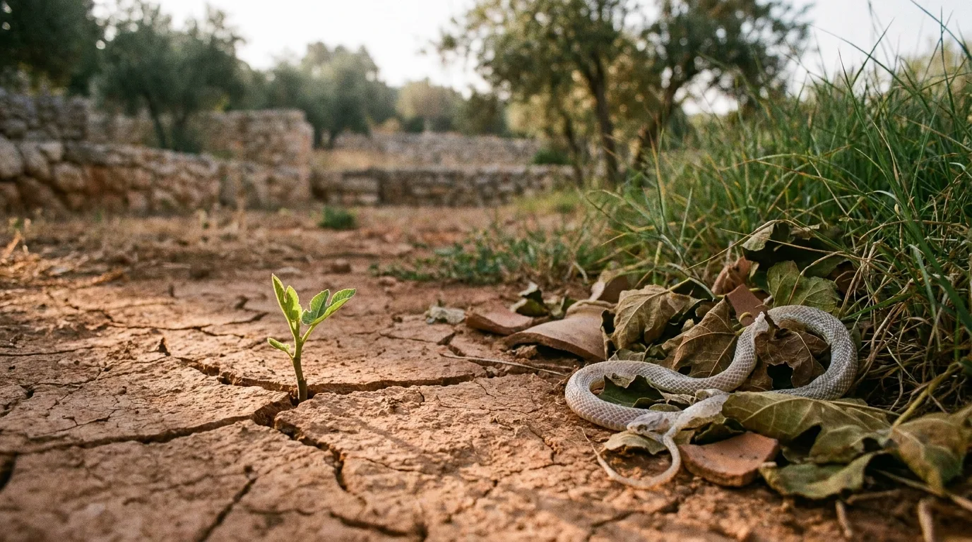 A single green shoot rising from cracked, dry ground with a coiled shadow falling away behind it, soft dawn light, no faces