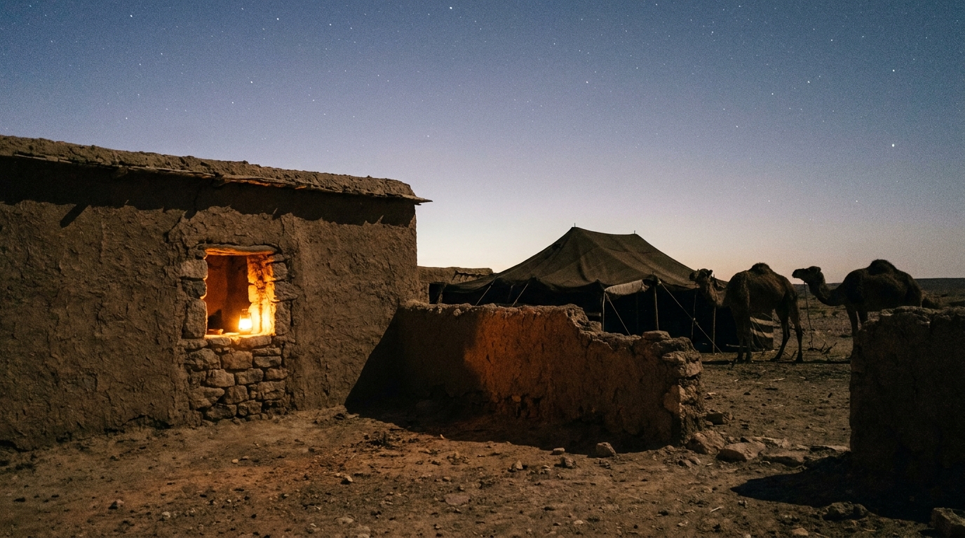 A low stone house at the edge of a dry southern town at night, one lamp in a window, a tent and tethered camels beyond the wall, no people, no faces, no text