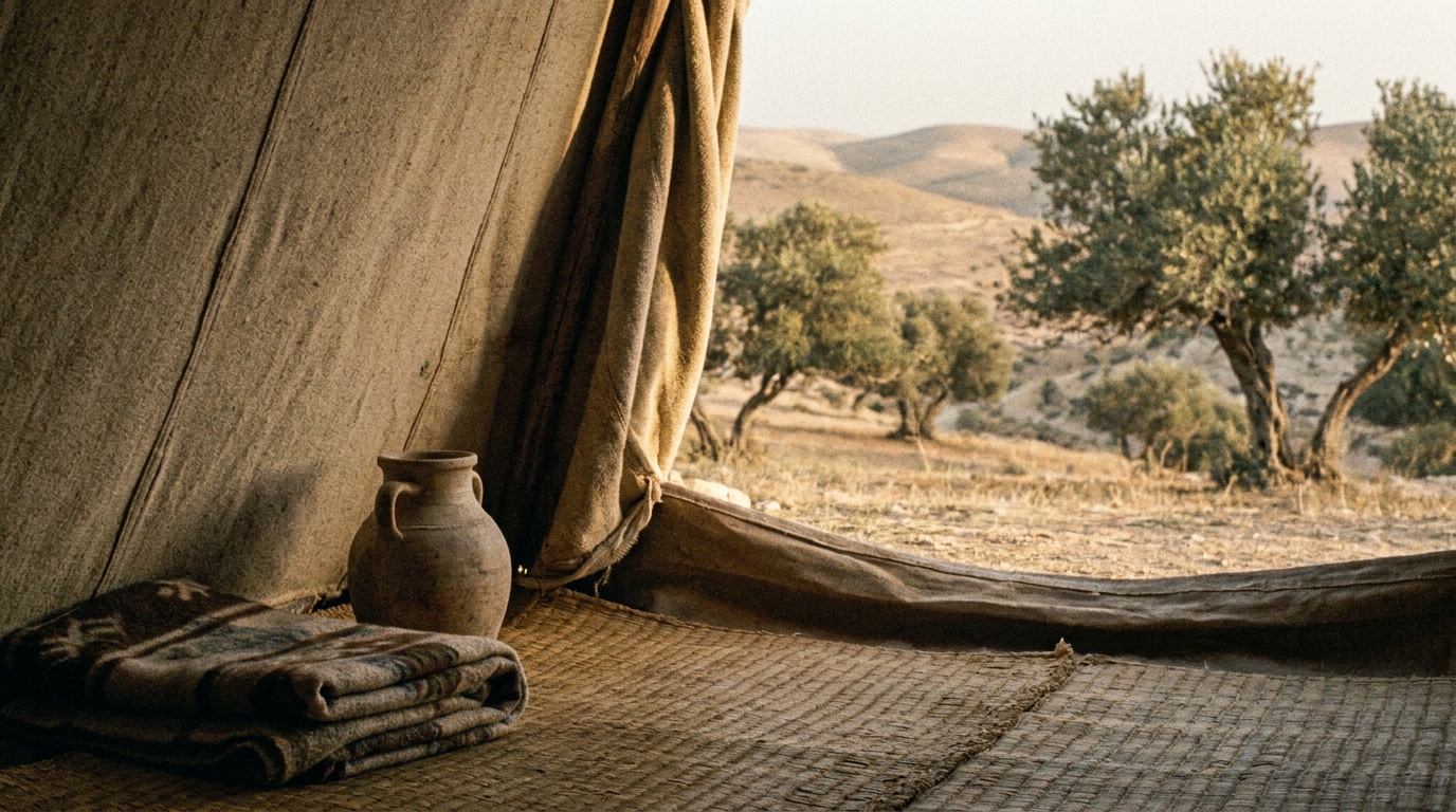 A tent door folded back in early morning light, a clay water jar and a small woven blanket on a mat inside, olive trees and dry hills beyond, no people, no faces, no text