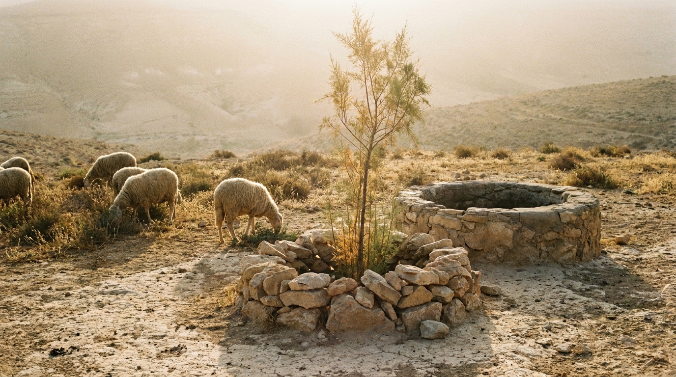 A young tamarisk tree planted beside a stone-lined well in dry Negev hill country at dawn, a few sheep grazing nearby, no people, no faces, no text