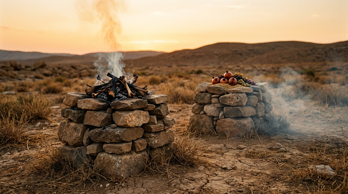 Two rough stone altars at dawn on dry ground, smoke rising straight up from one and drifting low and thin from the other, an open field beyond, no people, no faces, soft light