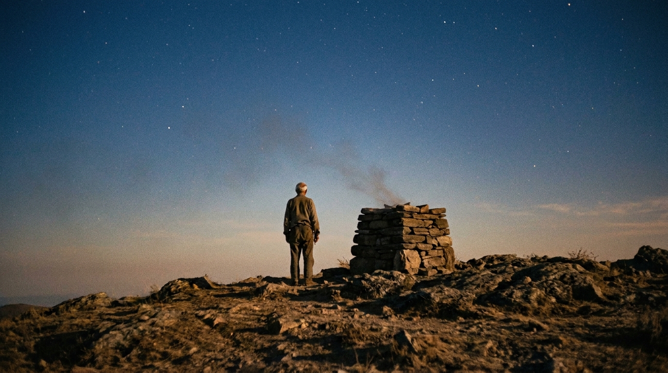 A stone altar on a rocky hilltop at dusk with a thin line of smoke rising into a sky where the first stars are appearing, an old man seen small and from far behind, no faces, no text