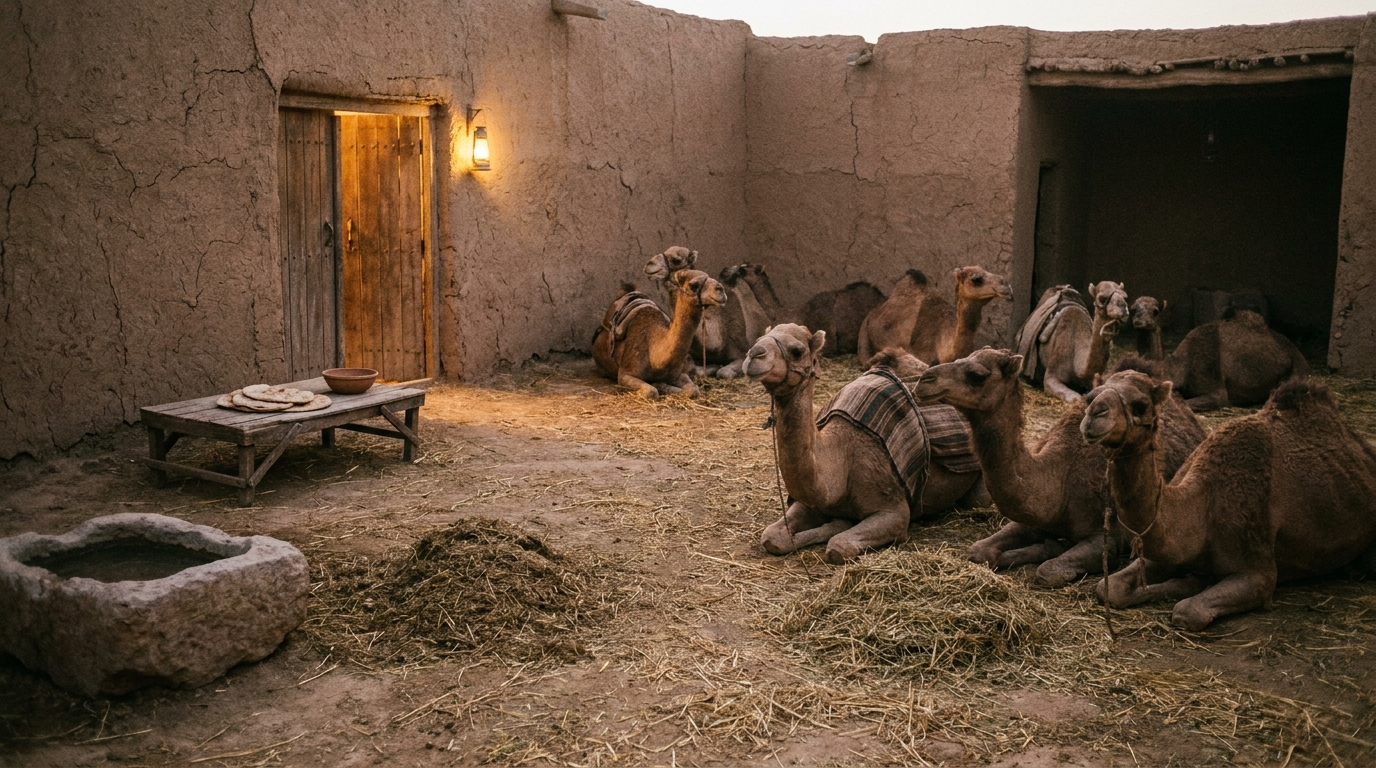 Ten camels resting in a courtyard of an ancient Mesopotamian house at dusk, straw and feed piled beside a stone water basin, a low table with bread and a clay bowl left untouched, no people, no faces, no text