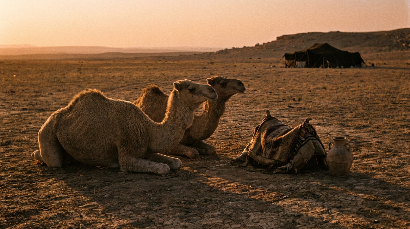 Two camels kneeling at dusk at the edge of a dry Negev field, a woven saddle blanket and a clay water jar on the ground beside them, a goat-hair tent in the distance, no people, no faces, no text