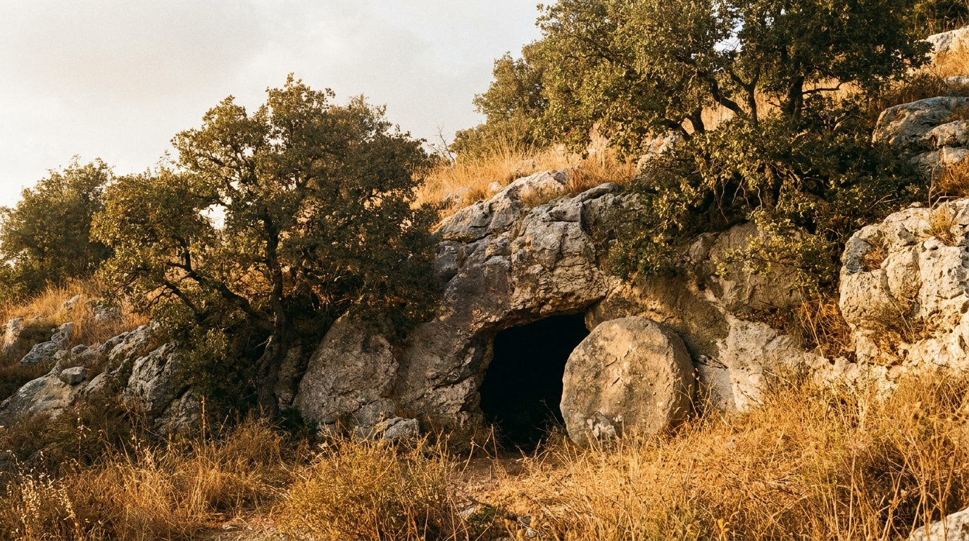 A dark cave mouth cut into a rocky limestone hillside among old oak trees near Hebron at late afternoon, a rolled stone beside the entrance and a plain linen cloth folded on a rock, no people, no faces, no text