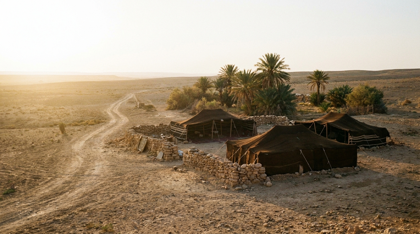 Black goat-hair tents and a stone-walled camp beside a palm oasis in the desert at golden hour, a road running toward the horizon, no people, no faces, no text