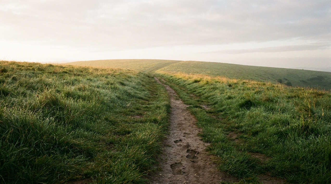 A worn footpath winding up a grassy hill at dawn, dew on the grass, a single set of footprints continuing over the crest where the path vanishes into bright open sky, no people, no faces, soft warm light