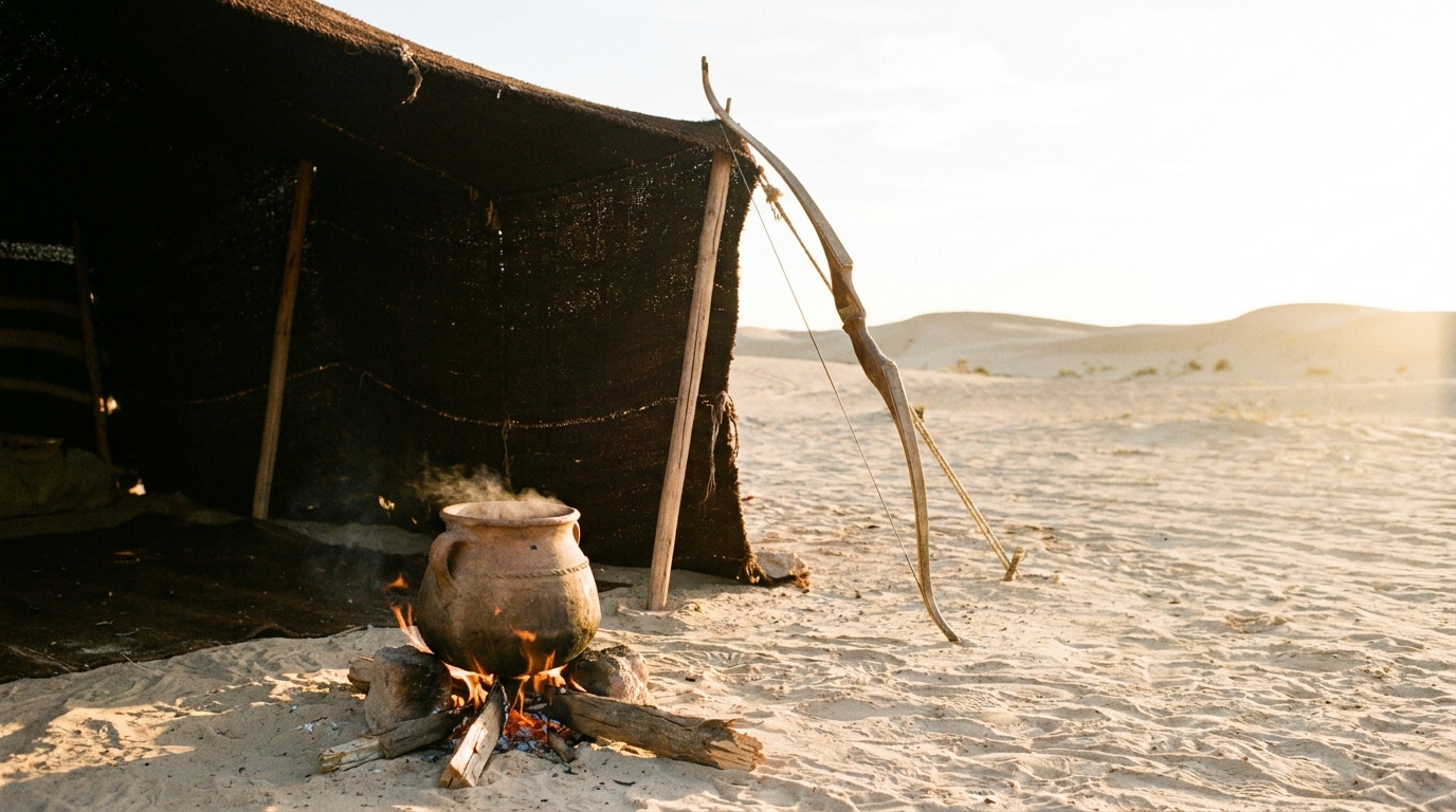 A clay pot of red lentil stew steaming over a small fire inside a goat-hair tent, a hunting bow leaning against the tent pole, warm evening light, no people, no text