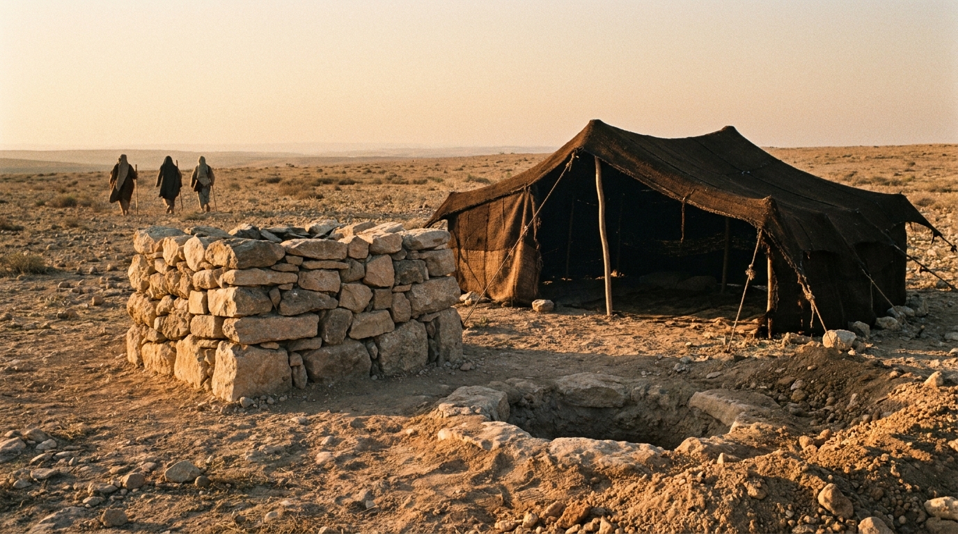 A low stone altar and a tent beside a newly dug well in the dry country of Beersheba at dawn, three small figures walking toward it across the plain in the far distance, faceless, no text