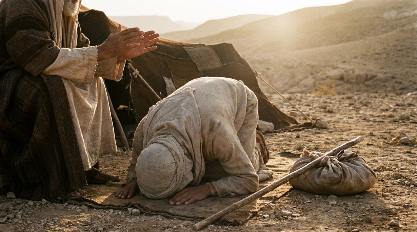 An old man seated at the open flap of a goat-hair tent at dawn, his hands raised over a young man kneeling with his back to us, a staff and travel bundle on the ground beside them, no text, no faces