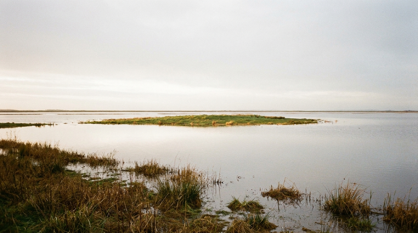A wide flooded plain under a luminous pale grey dawn sky, calm sheet water stretching to the horizon and reflecting the soft light, a single low green rise of land still above the waterline in the middle distance, wet reeds at the near edge, no people, no faces, no text