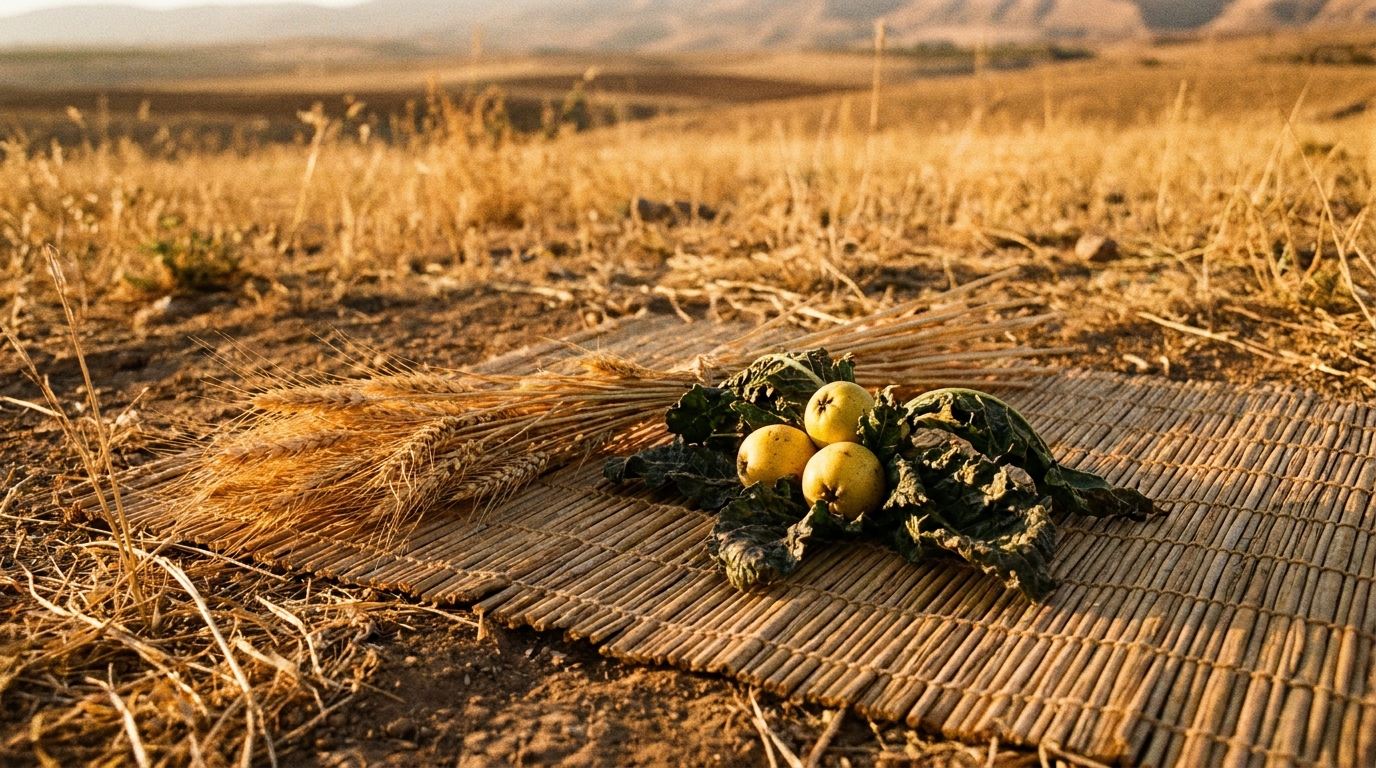 A handful of small yellow mandrake fruits with broad green leaves on a woven mat beside sheaves of cut wheat at evening, no text, no faces