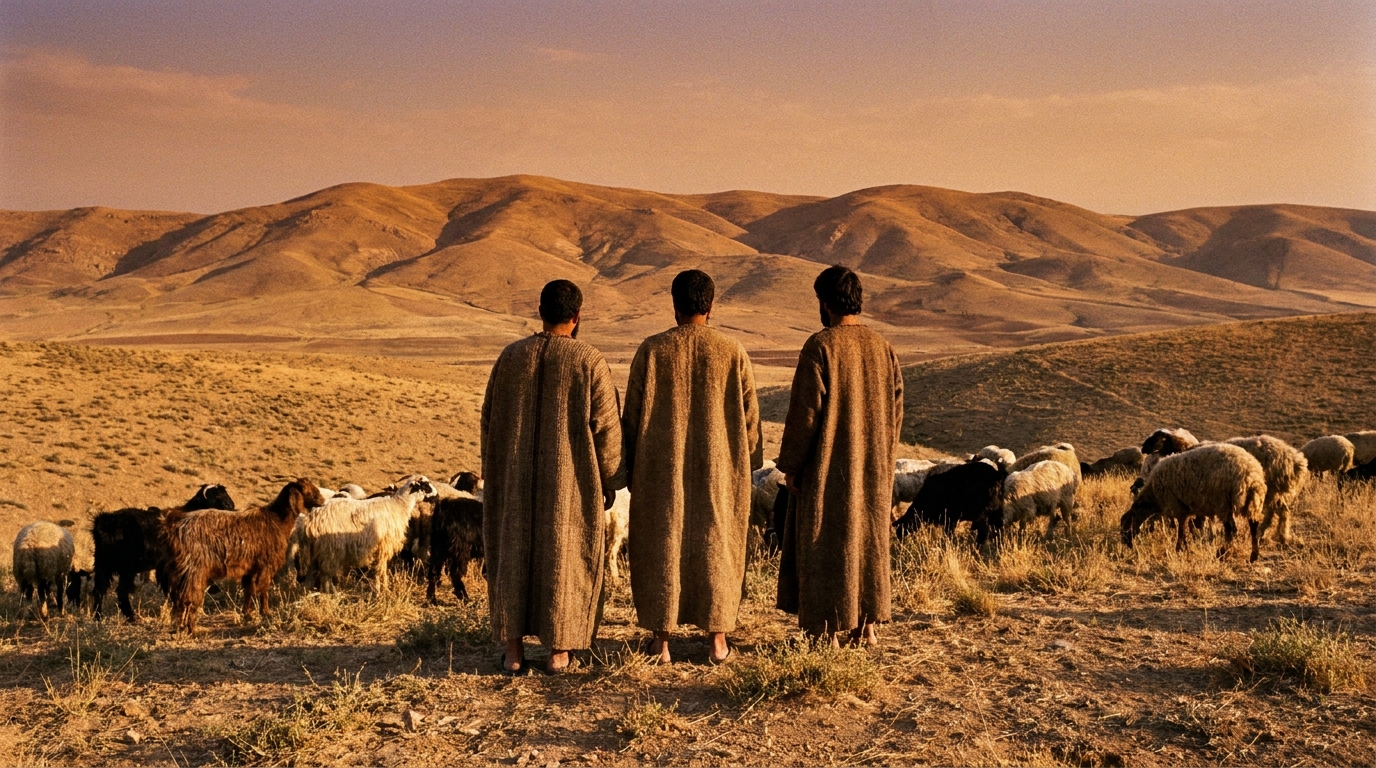 Three figures in ancient robes standing together among grazing sheep and goats in an open field at dusk, facing distant hills, no text, no faces