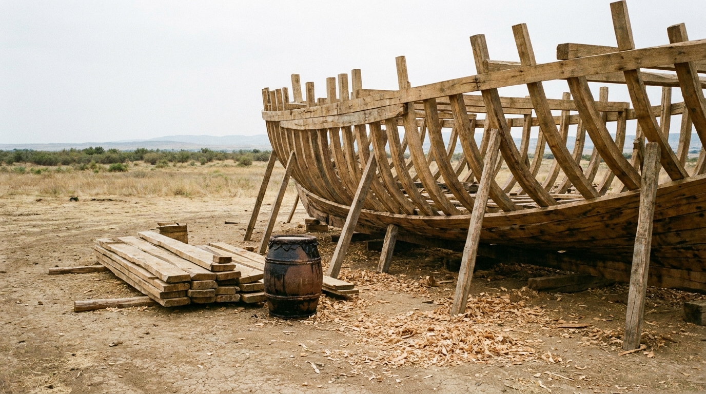 The wooden frame of a huge boat under construction on dry ground, bare timber ribs and hull rising against a warm overcast sky, stacks of cut planks and a barrel of dark pitch nearby, open grassland to the horizon, no water, no people, no faces, no text