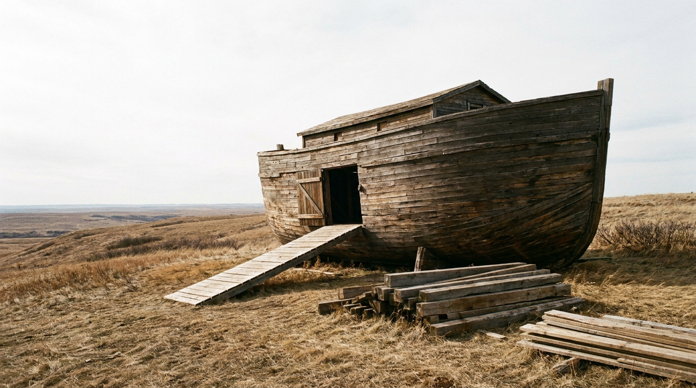 A large wooden ark resting on a bare hillside under a heavy grey sky, its single side door standing open with a ramp down to dry grass, no water anywhere, no people, no faces, no text