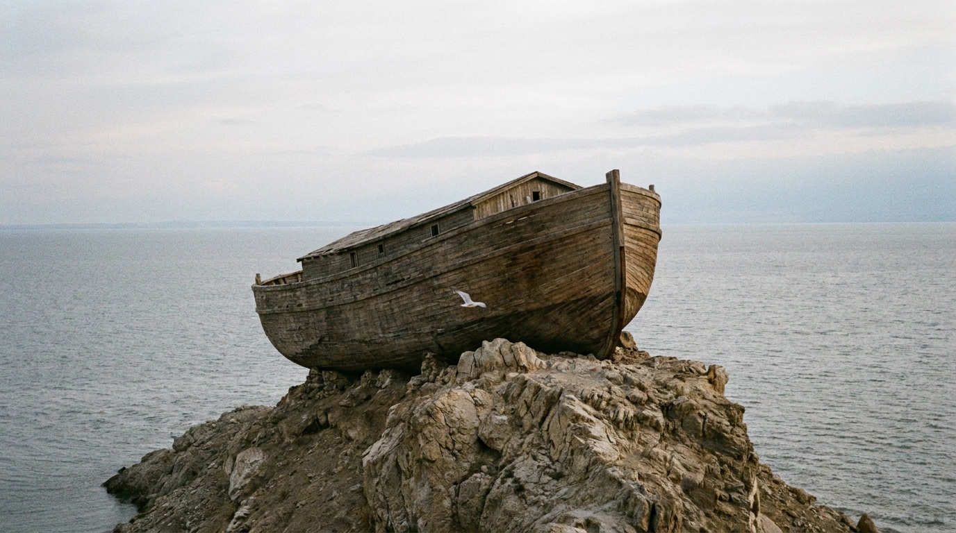 A wooden ark aground on a bare mountain peak just breaking the surface of a wide grey sea, the water lower than the summit, a single dove in flight toward the ark under a clearing sky, no people, no faces, no text