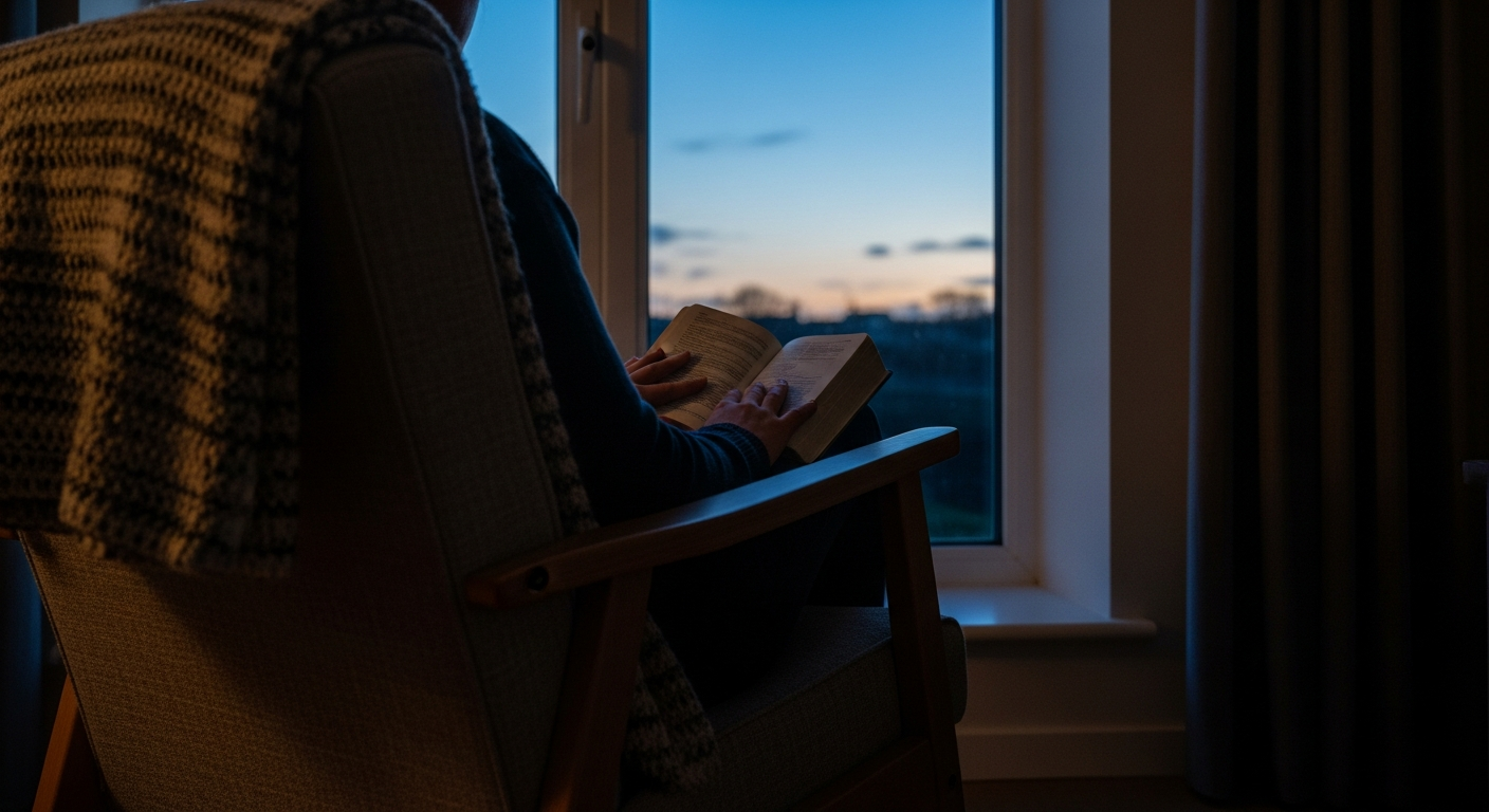 Person sitting quietly before dawn by a window with a Bible in their lap, establishing a daily spiritual rhythm of prayer and remembering God