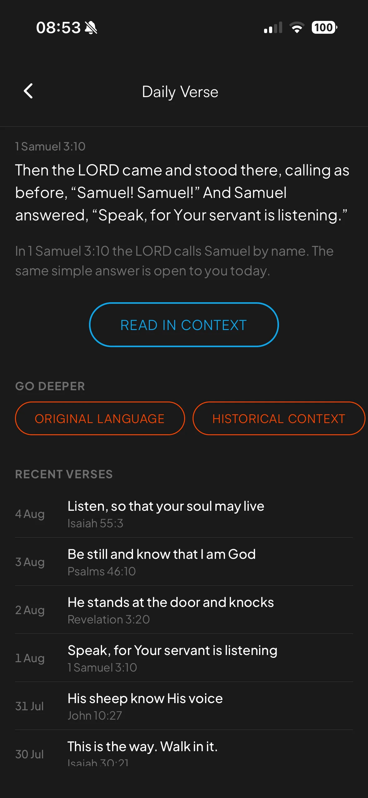 The Doxa app Daily Verse screen showing 1 Samuel 3:10 with a Read in Context button and a Go Deeper section offering Original Language and Historical Context