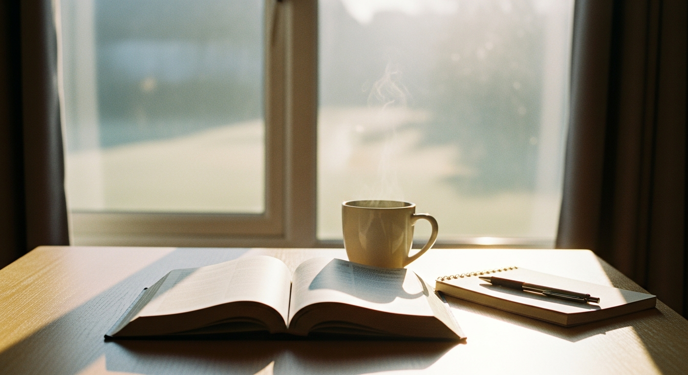 An open Bible resting in fresh morning light on a wooden table with a mug of coffee and a plain notebook beside it, the pages catching the sun, a scene of quiet wonder as Scripture comes alive at the start of a day