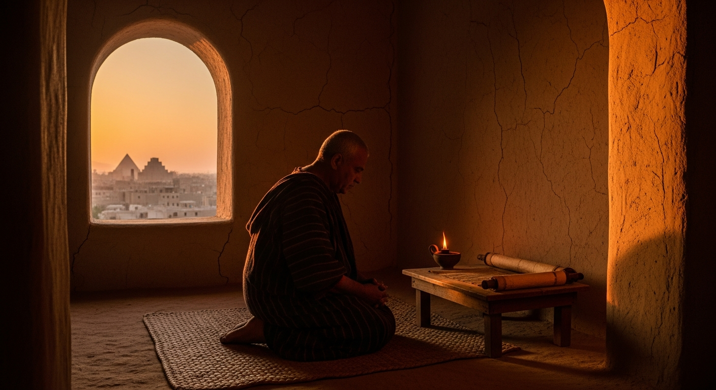 Daniel kneeling in prayer by an open window facing Jerusalem at dusk in Babylon, choosing faith and courage over political safety and royal decree
