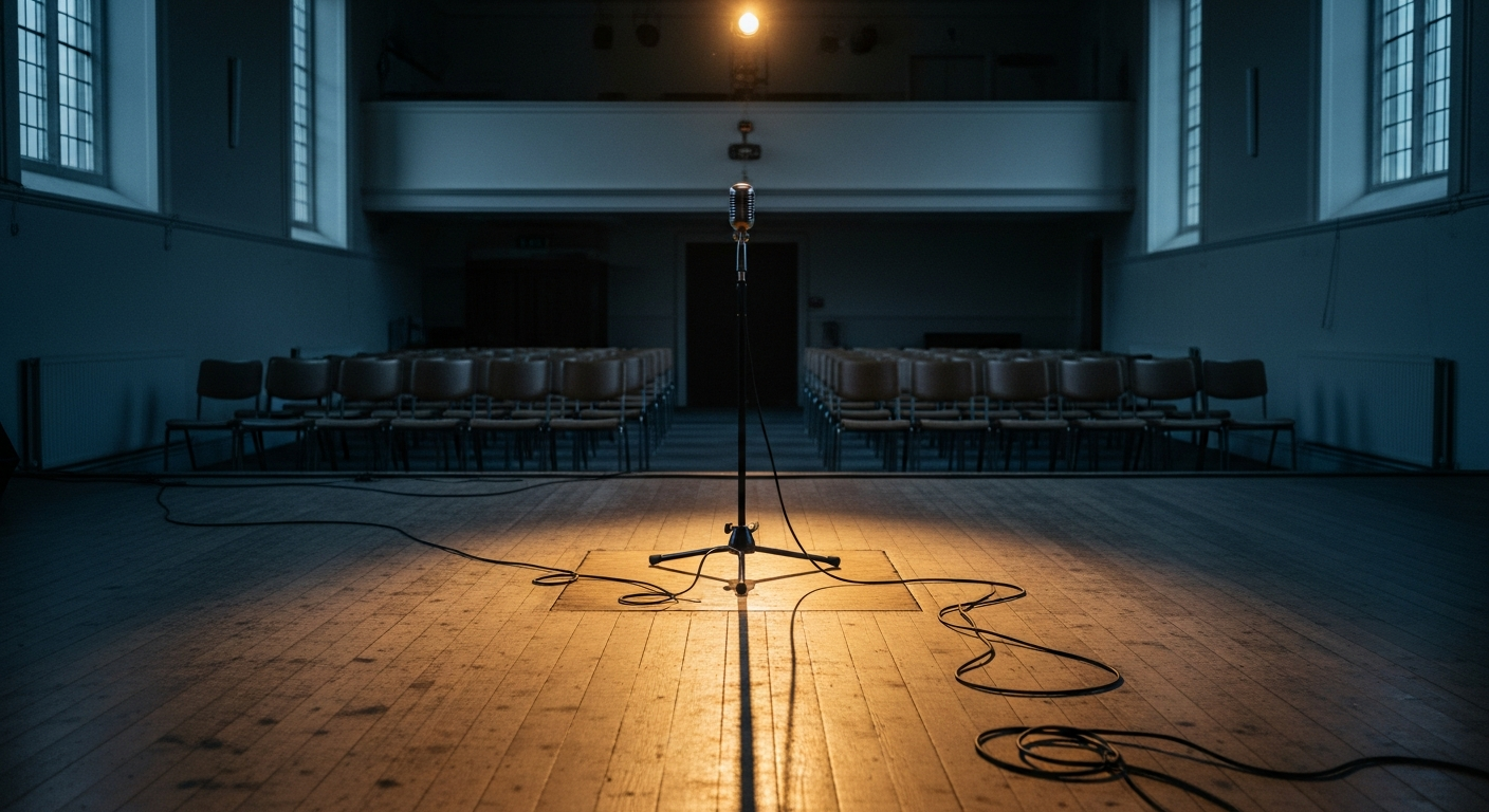 Vintage microphone lit by a warm spotlight on a dim church hall stage, the courage to find your voice and speak God's truth in daily devotion