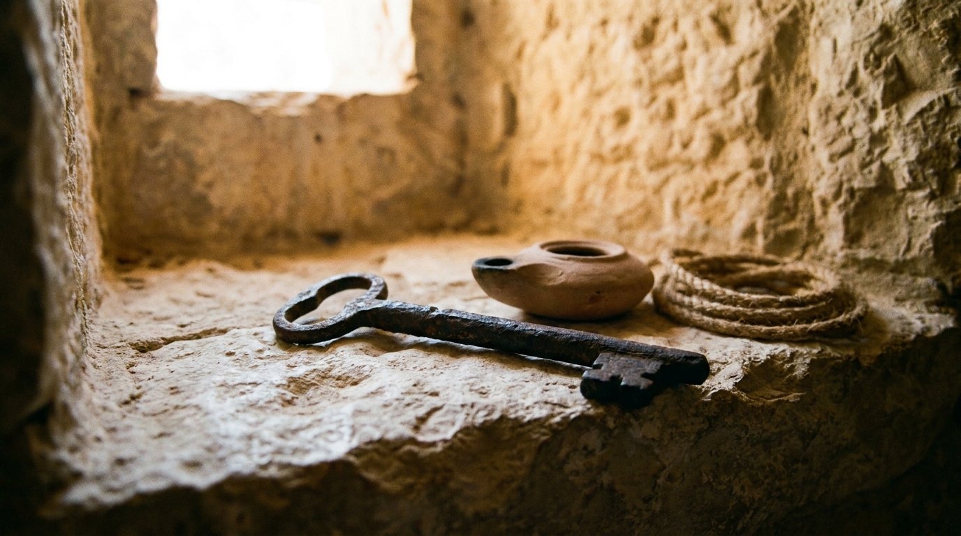 A heavy hand-forged iron key resting on a rough limestone ledge in warm daylight beside an unlit clay oil lamp, the power to open doors risked in courage for others