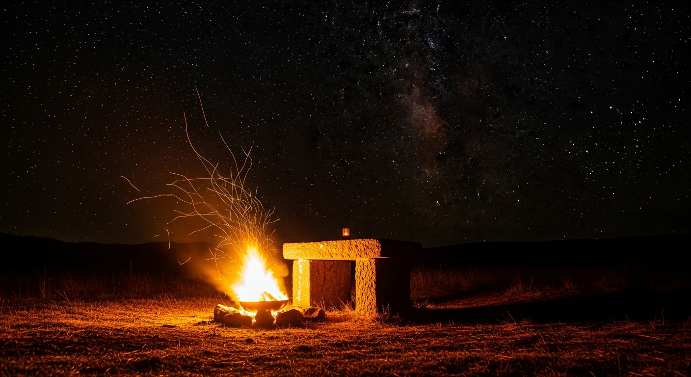 Rough stone altar with flames rising against a starlit desert sky, risk as worship in daily devotion and the fire of God meeting believers in faith