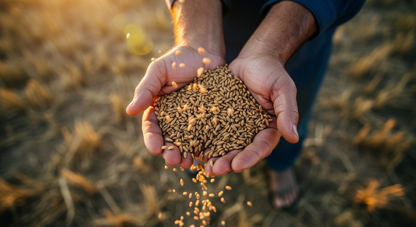Open calloused hands releasing wheat grains into the wind over a sun-baked field, open-handed generosity and prophetic obedience in daily devotion