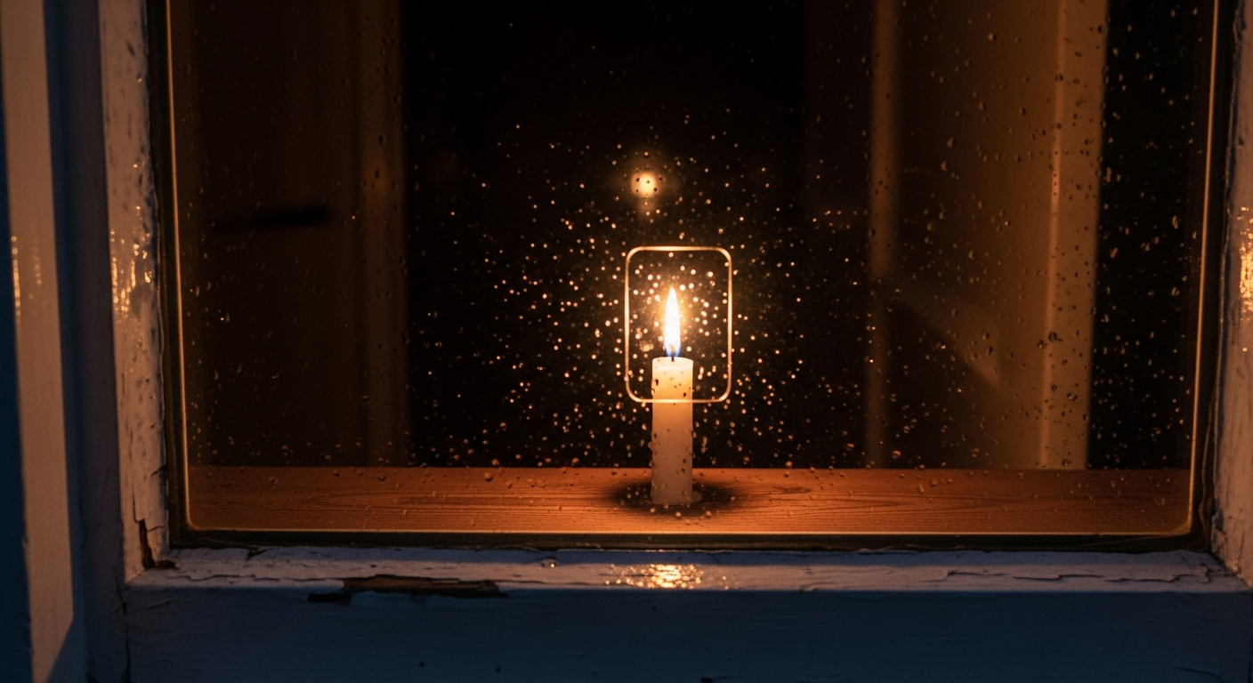 Candle flame reflected in a rain-spotted windowpane at night in a British home, the courage to speak truth within family in daily faith devotion