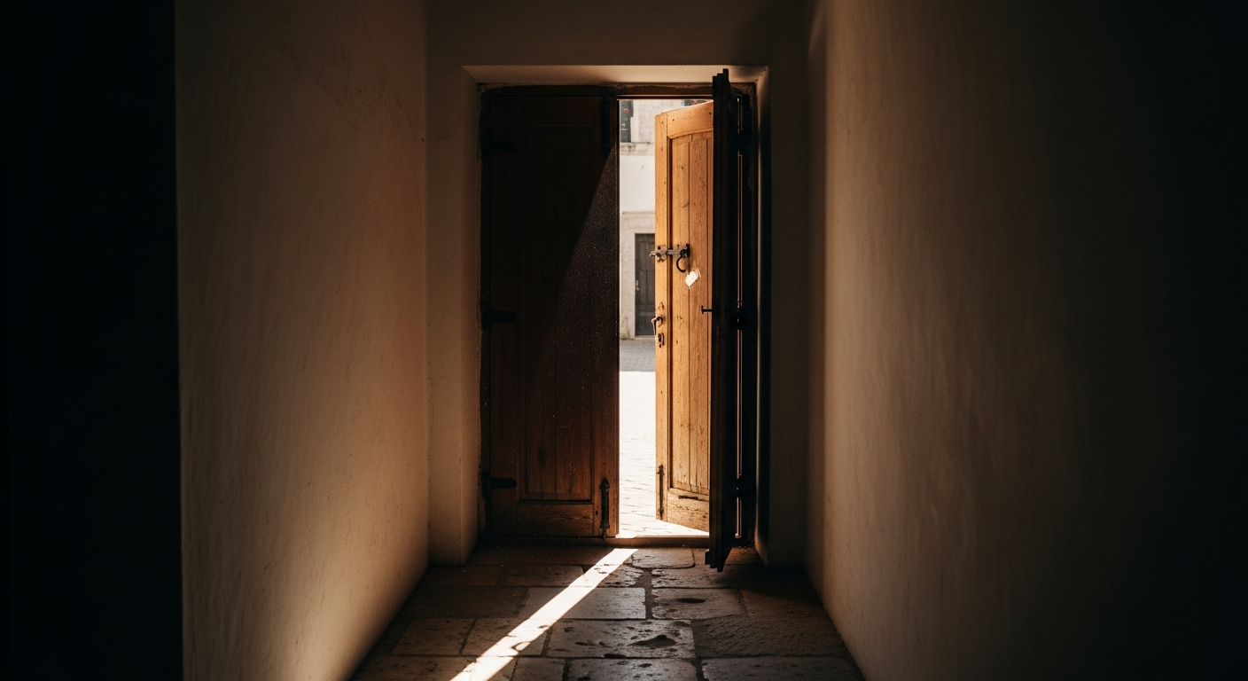 Wooden doorway opening from a shadowed corridor into brilliant daylight, stepping from quiet hiddenness into public faith and God's assignment