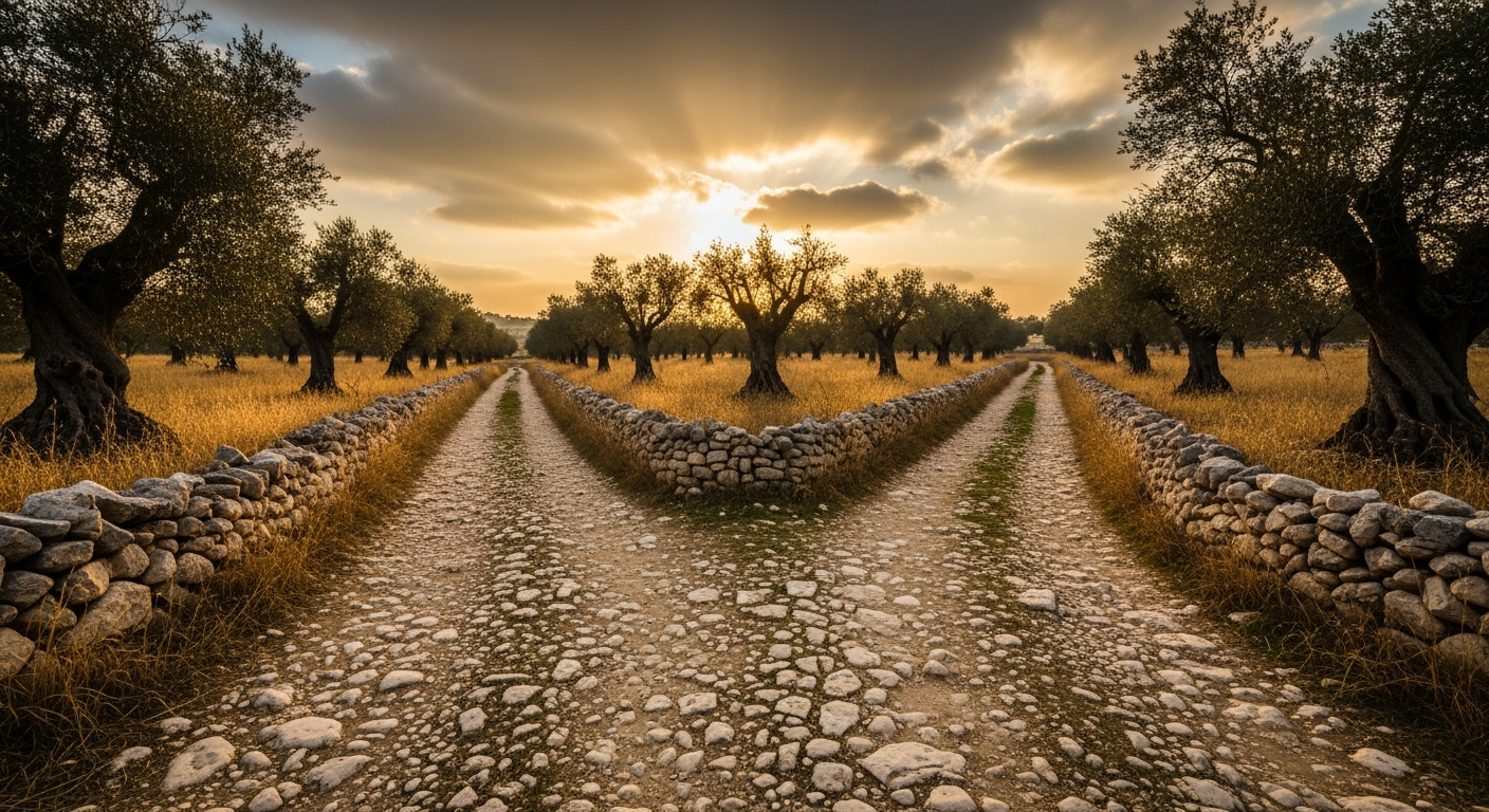 Dirt crossroads in Judean hill country at dusk with golden sky, letting God lead the outcome and trusting His direction in daily faith devotion
