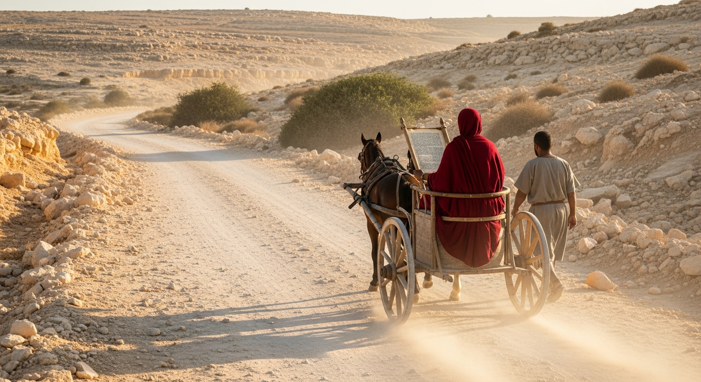 Chariot on a dusty desert road at sunset near Gaza with two figures and an open scroll, depicting Philip sharing the gospel with the Ethiopian official