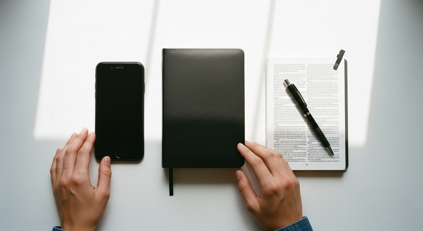 Bible reading plan shown on phone screen next to a physical Bible and journal, illustrating flexible devotional tools for modern believers building habits
