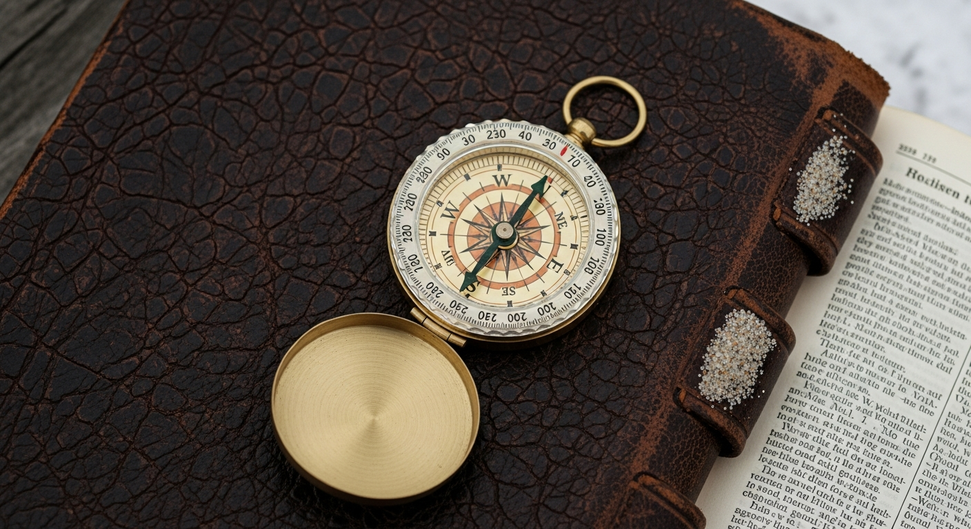 A brass compass resting on an open weathered Bible with the needle pointing true north, believers testing spiritual voices against Scripture and Jesus' character