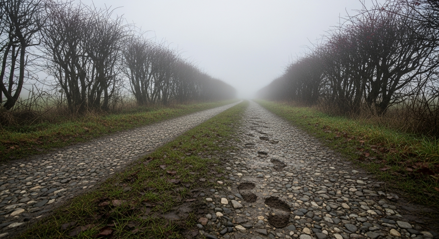 Fading footprints disappearing into English countryside fog on a gravel path, illustrating how distance from God begins with forgetting scripture