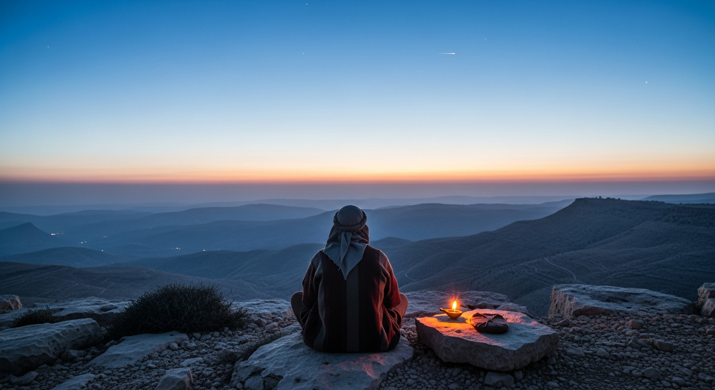 A heavy leather-bound Bible open on a worn wooden table beside a single burning candle and a mug of tea, lit only by the candle in late evening, evoking the quiet attentive reading of Scripture